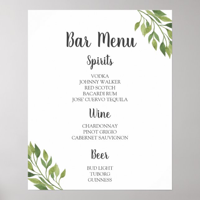 Affiche Panneau MENU BARRE | bar mariage botanique verdoya (Devant)