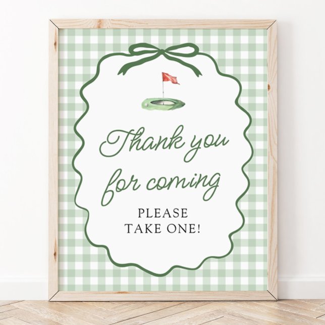 Affiche Panneau Merci d'être venu Gingham Vert Sauge Golf (Sage Green Gingham Golf Thank you for coming Sign)