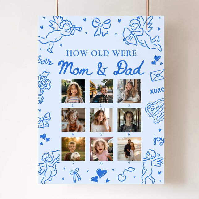 Affiche Panneau Moderne Bleu Dessiné à la Main « Quel âge  (Modern Blue Hand Drawn How Old Were Mom & Dad Sign)