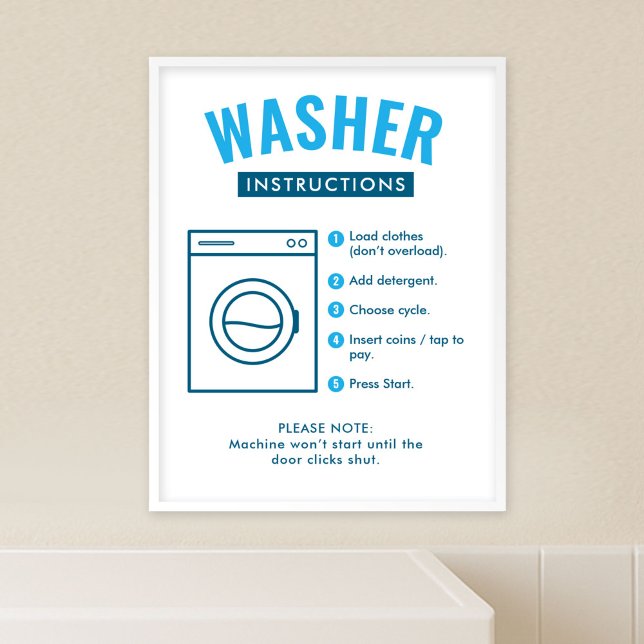 Affiche Panneau mural d'instructions pour lave-linge de bl (modern laundromat washer instructions poster template in blue and white with fully customizable text)