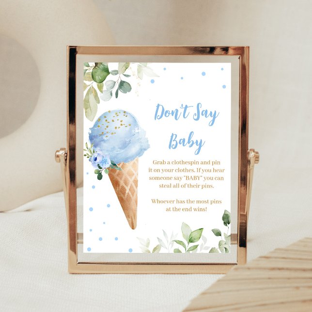 Affiche Panneau Ne dites pas Bébé Fête de Bébé Glace Bleue (Ice Cream Baby Shower Don't Say Baby Sign)