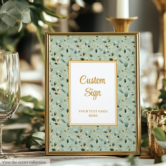 Affiche Panneau personnalisé Mariage de feuillage doré mod (Modern Sage Green Gold Foliage Wedding Custom Poster)
