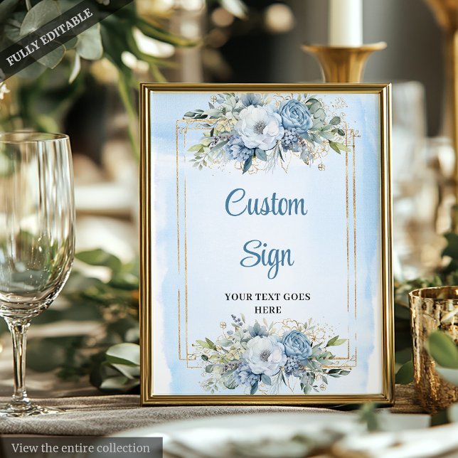 Affiche Panneau Personnalisé Rustique Chic Bleu Poussiéreu (Rustic Chic Dusty Blue Greenery Gold Custom Sign)