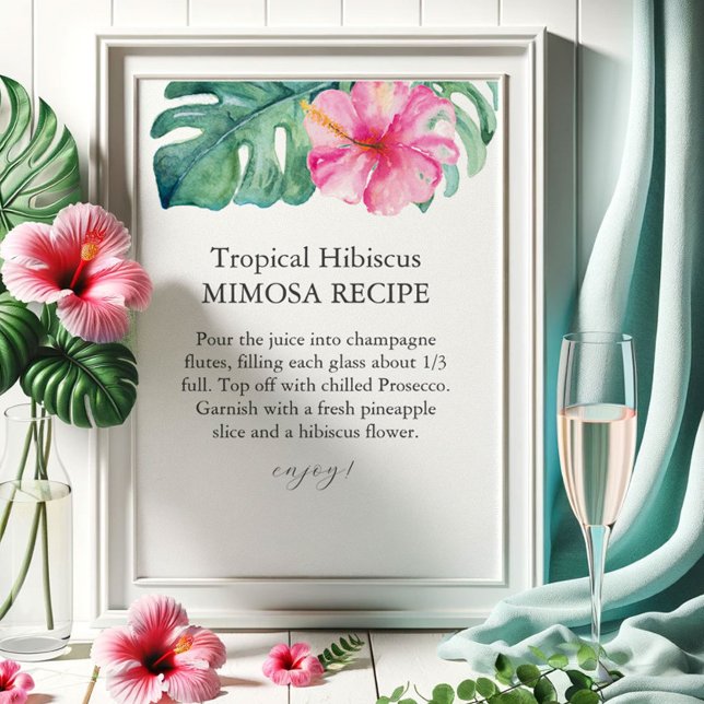 Affiche Panneau Pétales tropicales et Prosecco Mimosa (Custom petals and prosecco sign tropical pink hibiscus flower art by Victoria Grigaliunas)