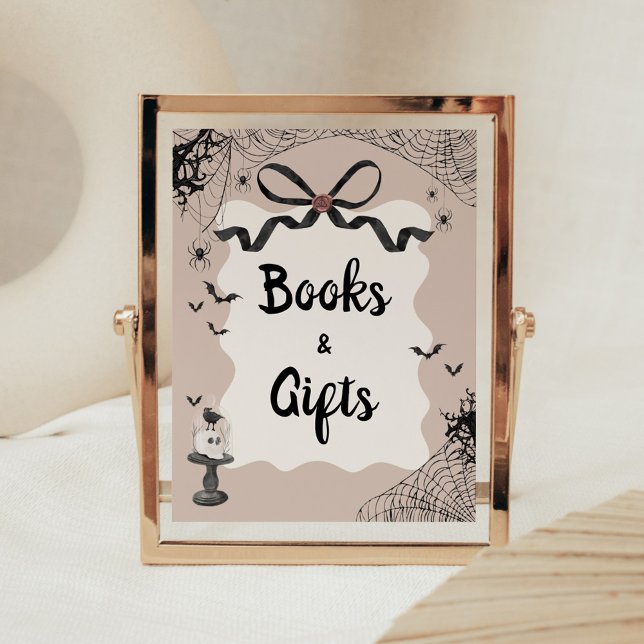 Affiche Panneau Petit livre Baby shower gothique Livres et (Black Bow Little Boo Halloween Gothic Baby Shower Sign )