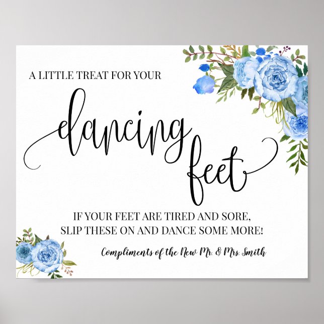 Affiche Panneau pieds dansants tongs mariage bleu floral (Devant)