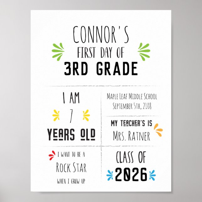 Affiche Panneau pour le premier jour d'école d'un enfant (Devant)