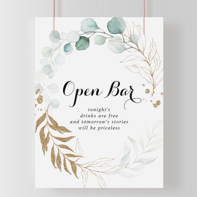Affiche Panneau Rustique Mariage Eucalyptus Gold Open Bar (Créateur téléchargé)
