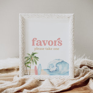 Affiche Panneau Surf rose Plage Baby shower Faveurs