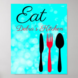 Affiche Panneau Turquoise personnalisé Black Red Eat pour