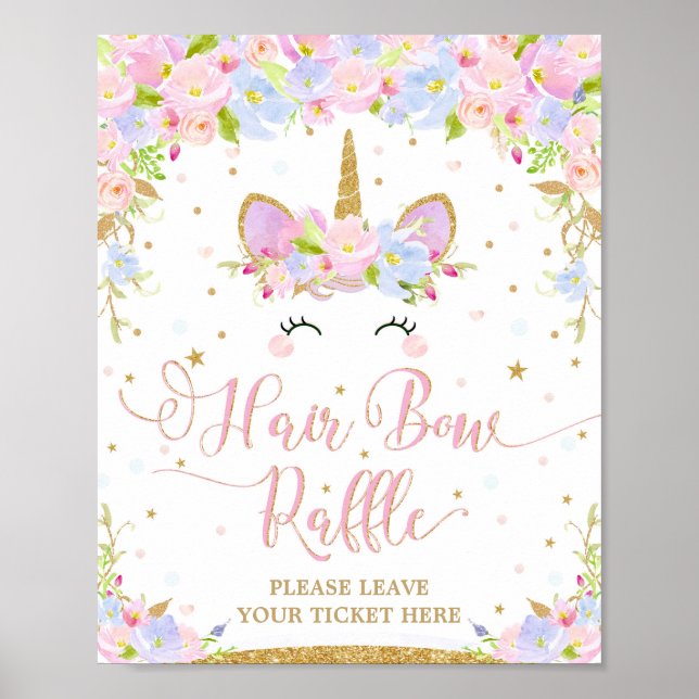 Affiche Panneau Unicorne Baby shower Cheveux Bow Raffin (Devant)