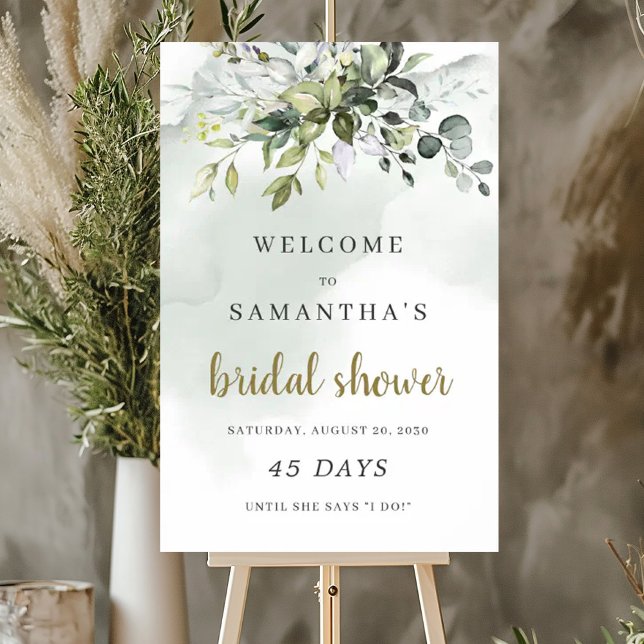 Affiche Panneau vert feuillage boho nuptiale douche (Greenery foliage boho bridal shower countdown sign)