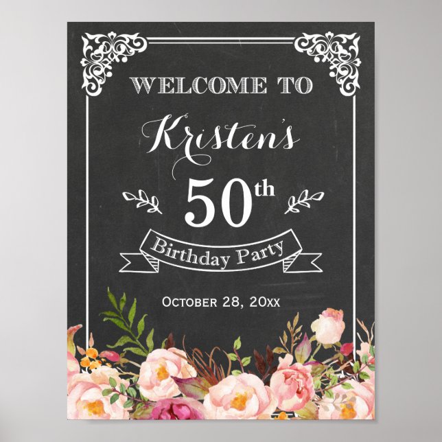 Affiche Panneau vintage Chalkboard Floral Anniversaire (Devant)