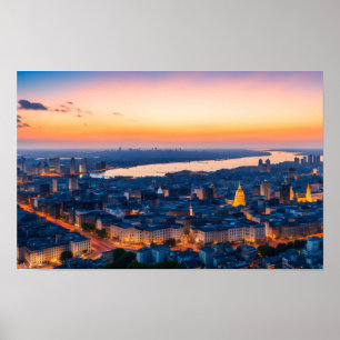 Affiche Panorama de la ville au coucher du soleil