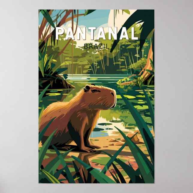 Affiche Pantanal Brésil Capybara Voyage Art Rétro (Devant)