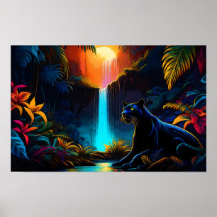 Affiche "Panthère au pied d'une cascade"