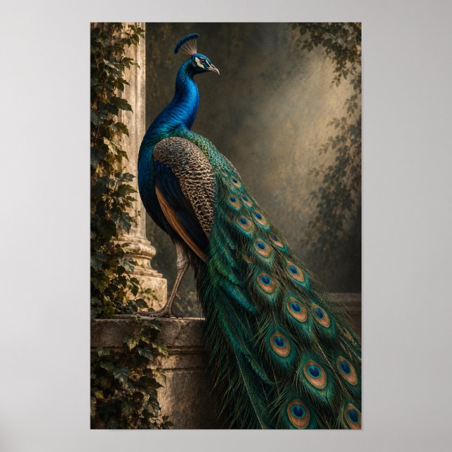Affiche Paon bleu avec plumes de queue émeraude Faune M (Devant)