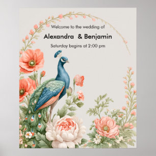 Affiche Paon botanique de mariage Art floral vintage