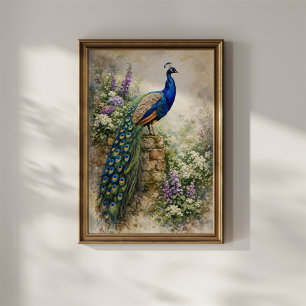 Affiche Paon dans un jardin fleuri