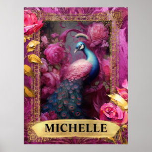 Affiche Paon et roses fuchsia romantiques fantaisie