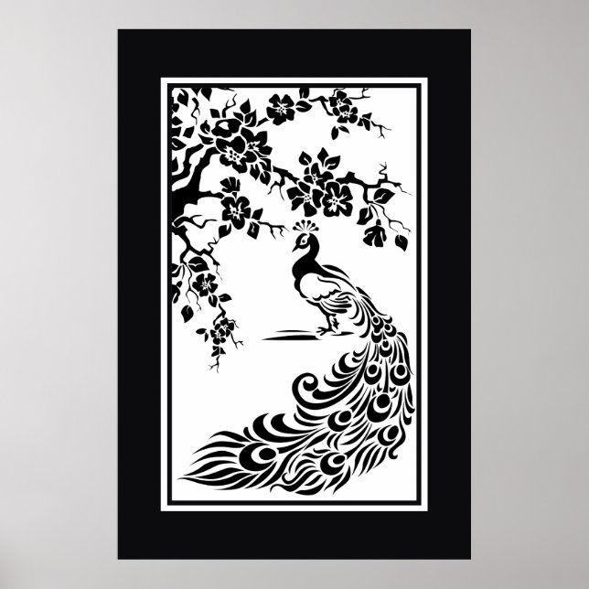 Affiche paon noir blanc et fleurs de cerisier (Devant)
