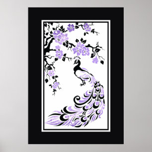 Affiche Paon noir, violet et fleurs de cerisiers