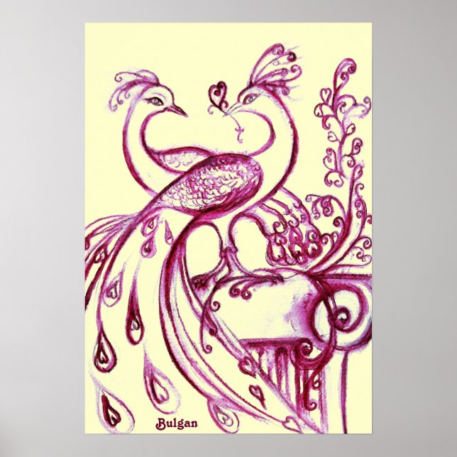 Affiche PAONS AMOUREUX, Rouge et Crème (Devant)