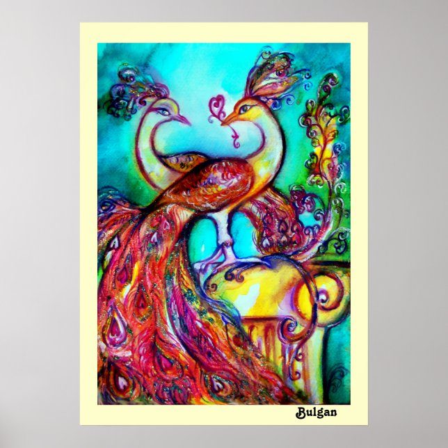 Affiche PAONS AMOUREUX, Rouge Jaune Turquoise Bleu (Devant)