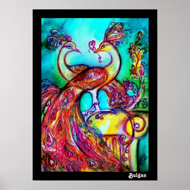 Affiche PAONS AMOUREUX, Rouge Jaune Turquoise Bleu (Devant)