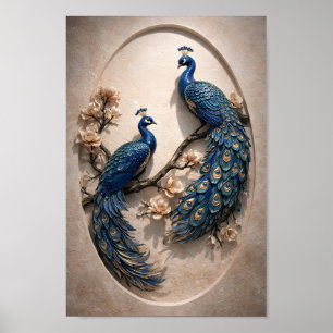 Affiche Paons bleus avec fleurs de Magnolia en art 3D
