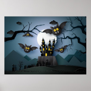 Affiche Papercut Haunted Castle et chauves-souris
