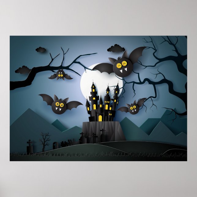 Affiche Papercut Haunted Castle et chauves-souris (Devant)