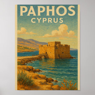 Affiche Paphos Chypre fort voyage vintage