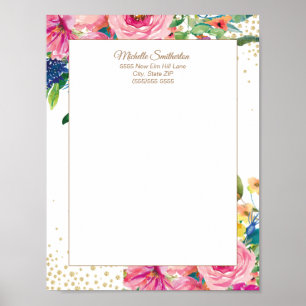 Affiche Papier à lettres floral aquarelle rose élégant ave