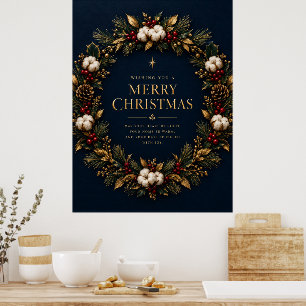 Affiche Papier Cadeau Navy Blue Gold Wreath Merry Christma