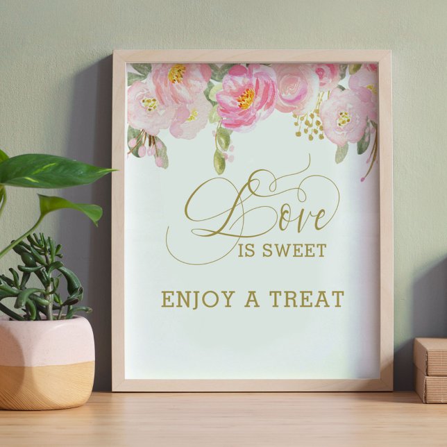 Affiche Papier Calligraphié Or Rose Floral L'amour est Dou (Love is Sweet candy table sign from my Pink and Gold Watercolor Floral Collection)