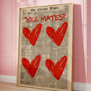 Affiche Papier Collé de Journal au Cœur Rouge Romantique p