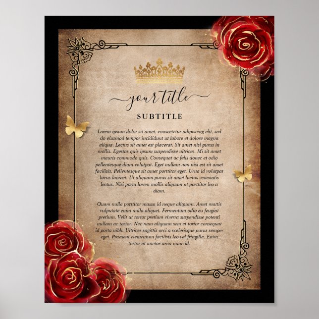Affiche Papier parchemin vintage rouge rose or noir royal (Devant)