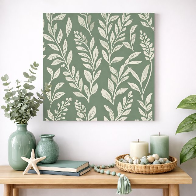 Affiche Papier Peint Botanique Feuille Vert Sauge pour Mur (Sage green and cream leaves art print)