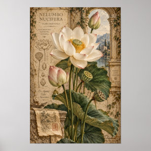 Affiche Papier Peint Botanique Fleur de Lotus Blanc Vintag