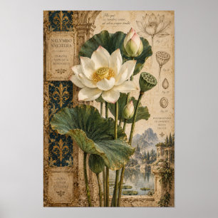 Affiche Papier Peint Botanique Fleur de Lotus Blanc Vintag