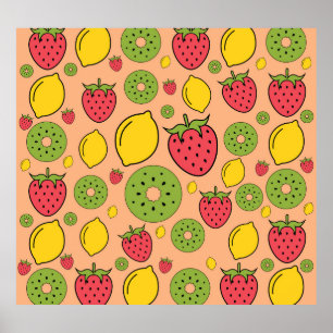 Affiche Papier peint de fruits : fraises, citrons, kiwis.