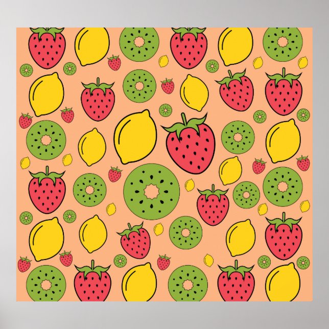 Affiche Papier peint de fruits : fraises, citrons, kiwis. (Devant)