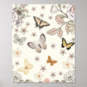 Affiche Papier peint esthétique papillon et fleurs vintage