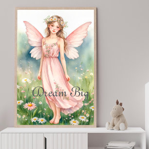 Affiche Papier peint fée à l'aquarelle rose dans une prair