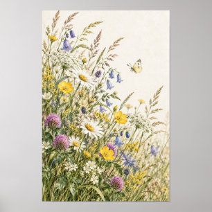 Affiche Papier Peint Fleur Sauvage Papillon Botanique Prai