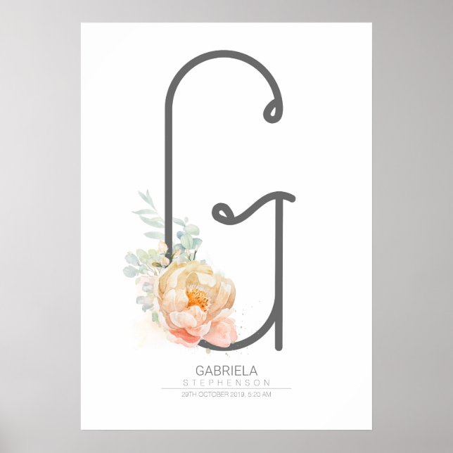 Affiche Papier peint floral couleur pêche rose monogramme  (Devant)