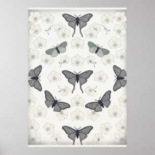 Affiche Papier peint motif orchidée ivoire papillon de nui