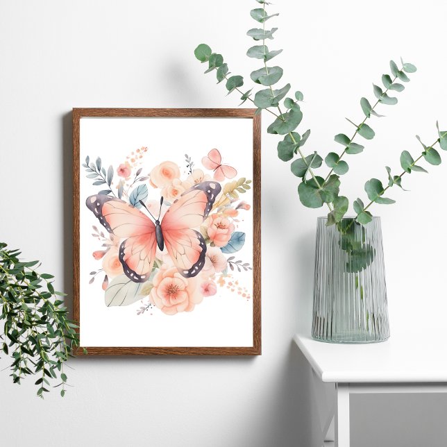 Affiche Papier peint papillon rose aquarelle fleurs Art mu (Pink Butterfly Floral Watercolor Wall Art Poster, Framed or Unframed)