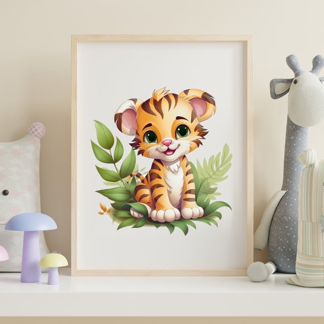 Affiche Papier peint pour la nurserie avec un bébé tigre d (Baby Tiger with Jungle Leaves Nursery Wall Art Poster Print Available in many sizes, Framed or not)